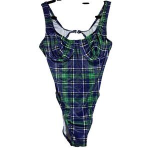 Vintage Black Watch Tartan One Piece Swimsuit Made in USA Shiny Plaid Size 11/12
